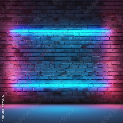 Neon blue lighting on a  brick wall pattern photo background