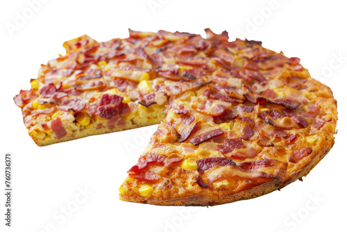  Puffed corn cake with smoked bacon slices isolated on white background Realistic daytime first person perspective