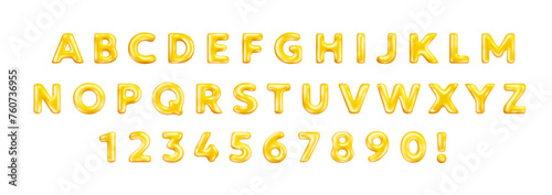 Vector realistic abc illustration of complete alphabet on white background. 3d style design of golden color glossy letter and number. Font  collection letter and number in cartoon style