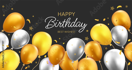 Vector holiday template design of flying balloon with star and text on black background. 3d realistic happy birthday illustration with golden and silver air helium balloon