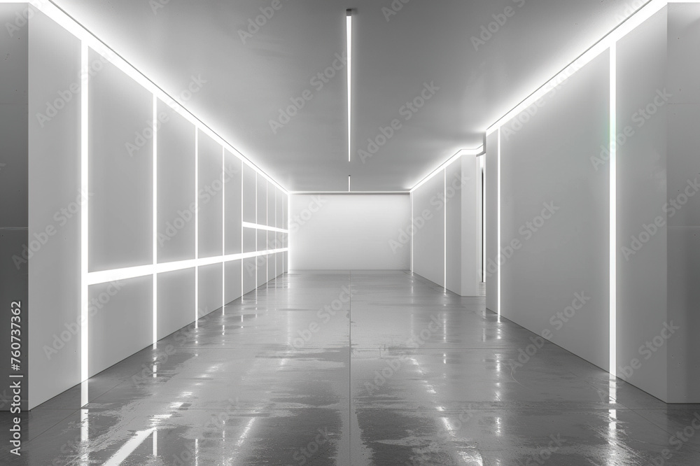 Blank white hall with neon light for products display Blank white hall with neon light for products display