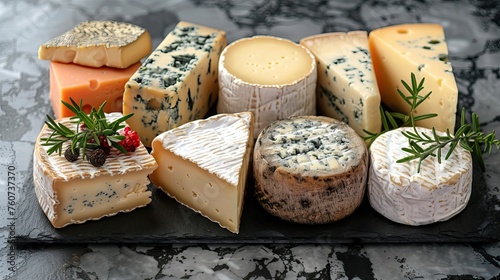 Cheese background. Beautiful assortment of cheeses and vegetables in vintage style on a marble background for design.