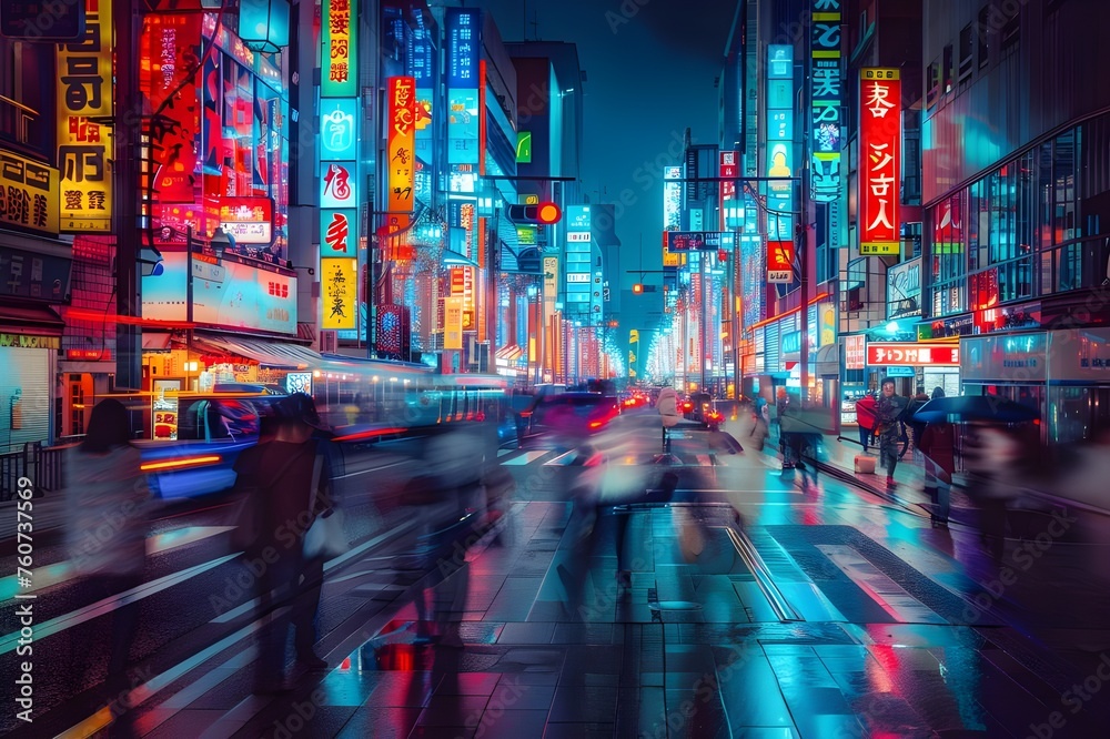 neon signs covering buildings and holographic ads create a pulsating picture in this futuristic cyberpunk alleyway. Neon Nights: Exploring the Extravaganza of Night Markets