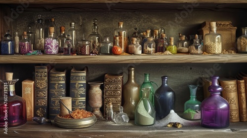 Illustration of occult magic magazine and shelf with various potions, bottles, poisons, crystals, salt. Alchemical medicine concept