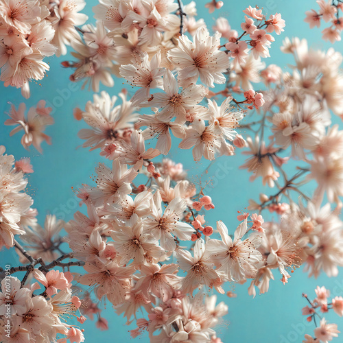 Cherry Blossom Blower Bouquet on Blue Background Gen AI photo