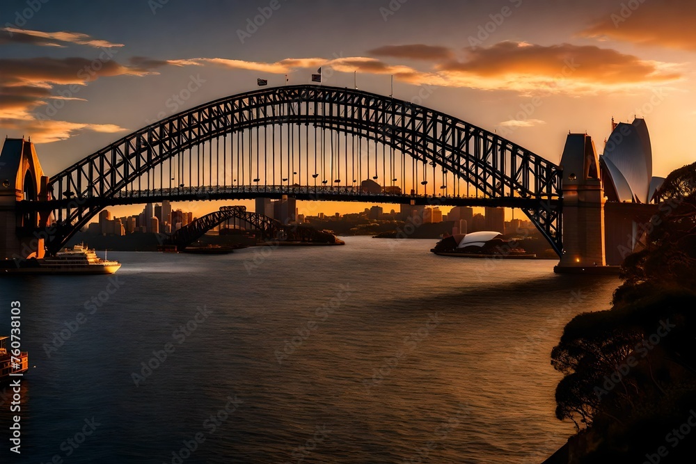 city harbour bridge at sunset