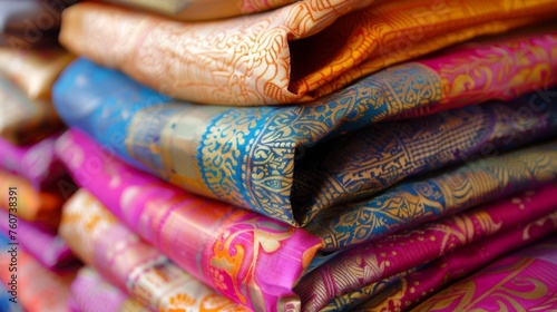 Indian fabric pattern. Traditional oriental beautifully folded textile with ornaments photo