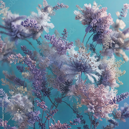 Blower Bouquet on Blue Background with Lavender and Pollen Grains Gen AI