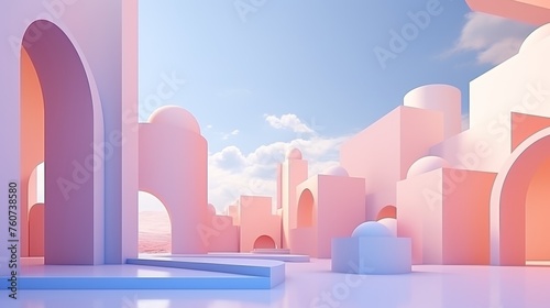 3d Render pastel landscape background with architecture and geometric