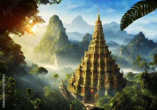 realistic illustration of a temple in the middle of tropical jungle