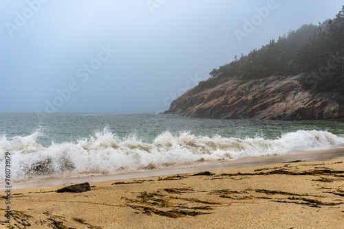 Crashing waves on Sand Beach in Acadia National Park, Maine. Surrounded by cliffs, this small stretch of coast is the largest sandy beach in Acadia. Rough surf on foggy, stormy day. photo