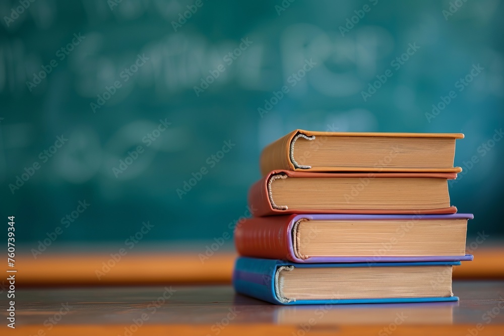 Close-up of a stack of school textbooks books on a wooden table against the background of a blurred educational chalkboard in classroom. Concept of back to school, learning, school times, banner with  - obrazy, fototapety, plakaty 