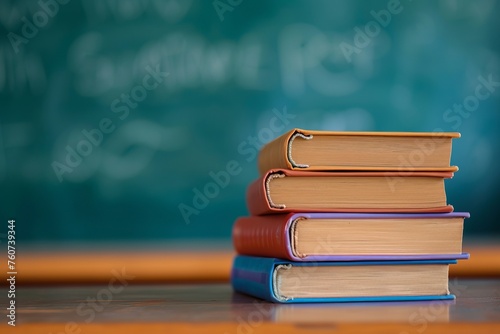 Close-up of a stack of school textbooks books on a wooden table against the background of a blurred educational chalkboard in classroom. Concept of back to school, learning, school times, banner with  photo