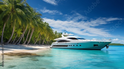 A luxurious yacht anchored in a tropical beach with clear blue ocean © Media Srock