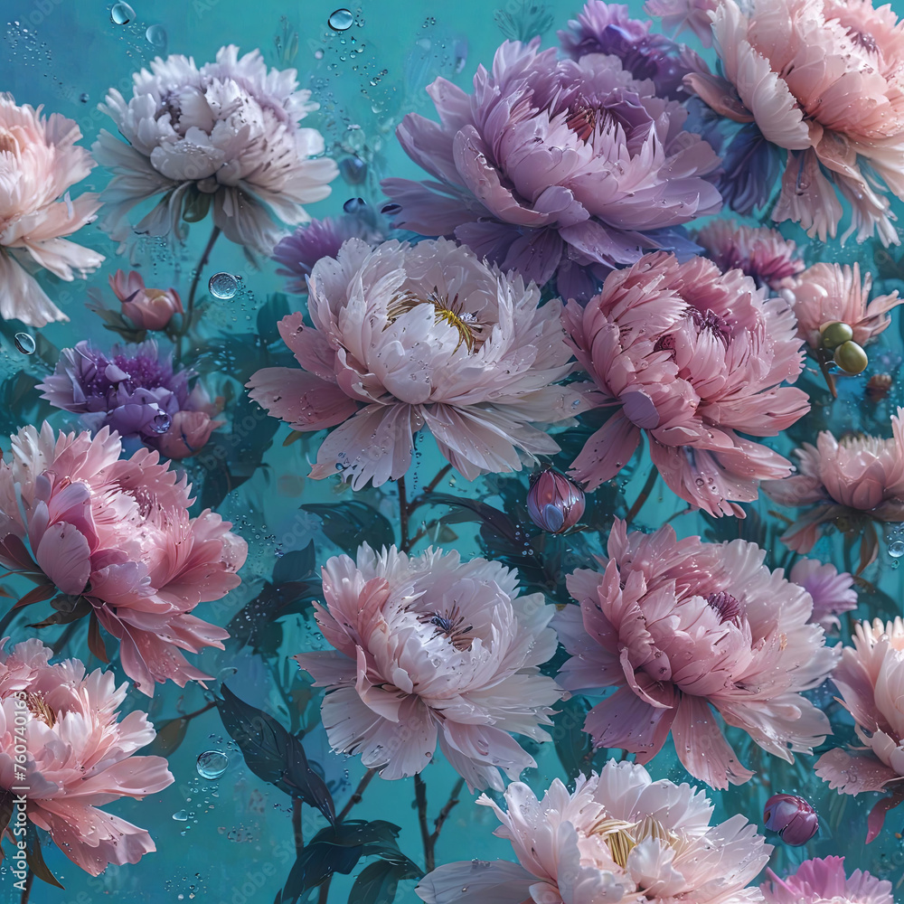Vibrant Peony Bouquet on Blue Background with Dew Drops Gen AI Vibrant Peony Bouquet on Blue Background with Dew Drops Gen AI