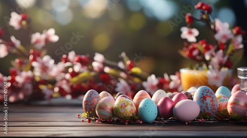 Wooden table with Easter eggs and blurred spring nature background