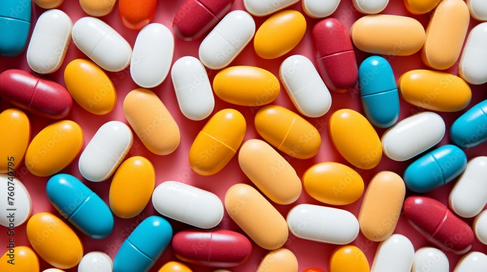 A variety of colorful pills and capsules displayed neatly A variety of colorful pills and capsules displayed neatly