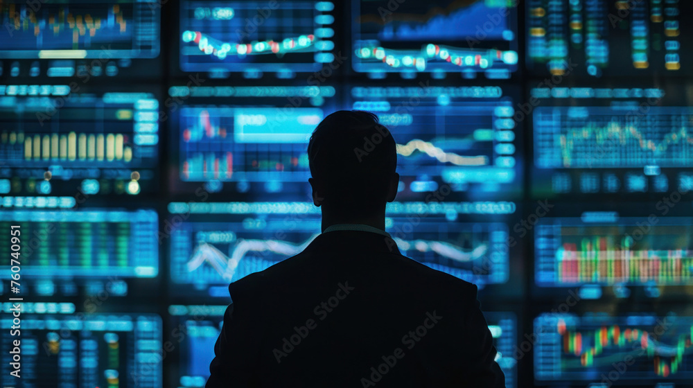 Dramatic portrait of a financial analyst silhouetted against giant screens of live stock data
