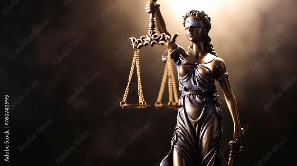 The statue of justice with closed eyes themis holds in her hands the metal scales of justice with copyspace