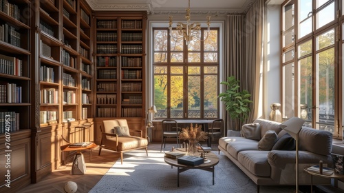 A cozy, stylish modern library with large floor-to-ceiling windows and tall cabinets full of a variety of books. Hobby, leisure and education concept