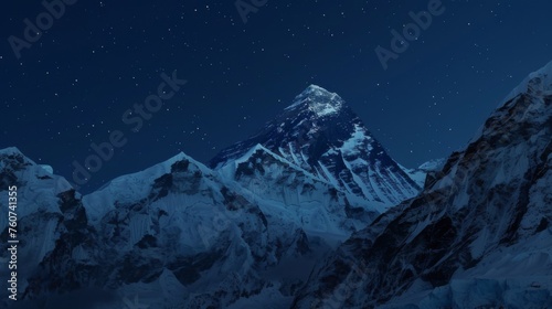 Mount Everest at night. Top of the mountain in the snow. The highest mountain
