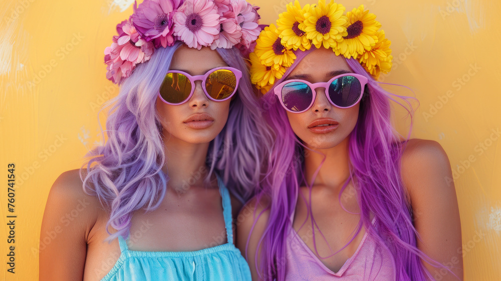 Two women with colorful hair and sunglasses are posing for a photo. Scene is fun and playful, women are wearing bright colors and accessories. pretty girls with purple hair and bright rainbow makeup
