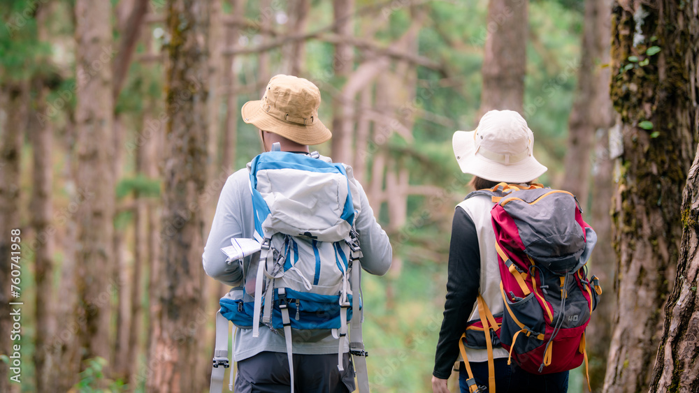 Hipster couple traveling tourist hiking holiday, wild adventure Hipster couple traveling tourist hiking holiday, wild adventure