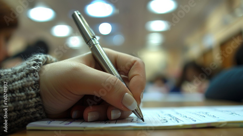 A hand writes in a lined notebook with a silver pen, focus sharp on the task, with other students blurred in the background.