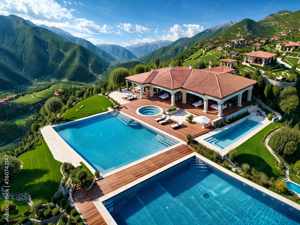 A drone shot of a luxury swimming pool in the mountains, luxury mansion and garden, mountain scenery, architectural, architecture inspiration, concept, modern building, travel, vacation 