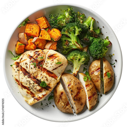   Grilled chicken breast with roasted sweet potatoes  isolated on white background PNG transparent background