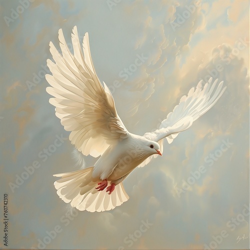 White dove flying in the sky with clouds. 3D illustration.