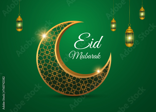 Eid Mubarak crescent moon and lantern design with green background