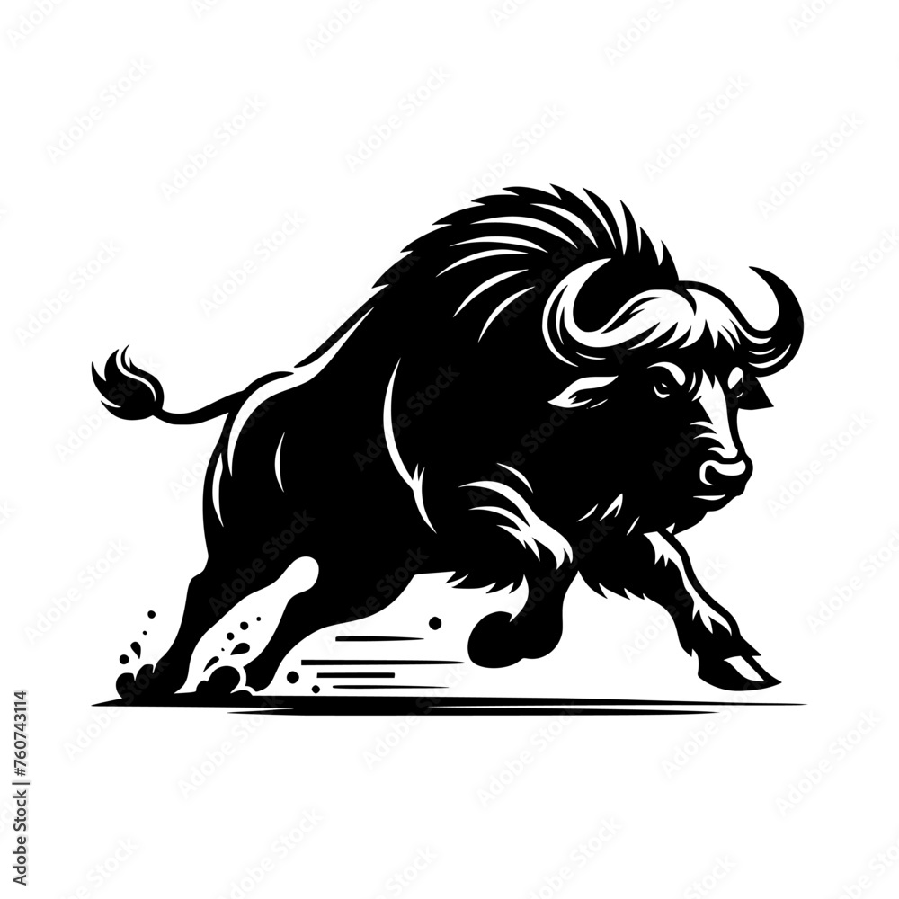 Silhouette of a charging bull isolated on a white background. Vector isolated of a mad bull, perfect for tattoo, logo, branding.