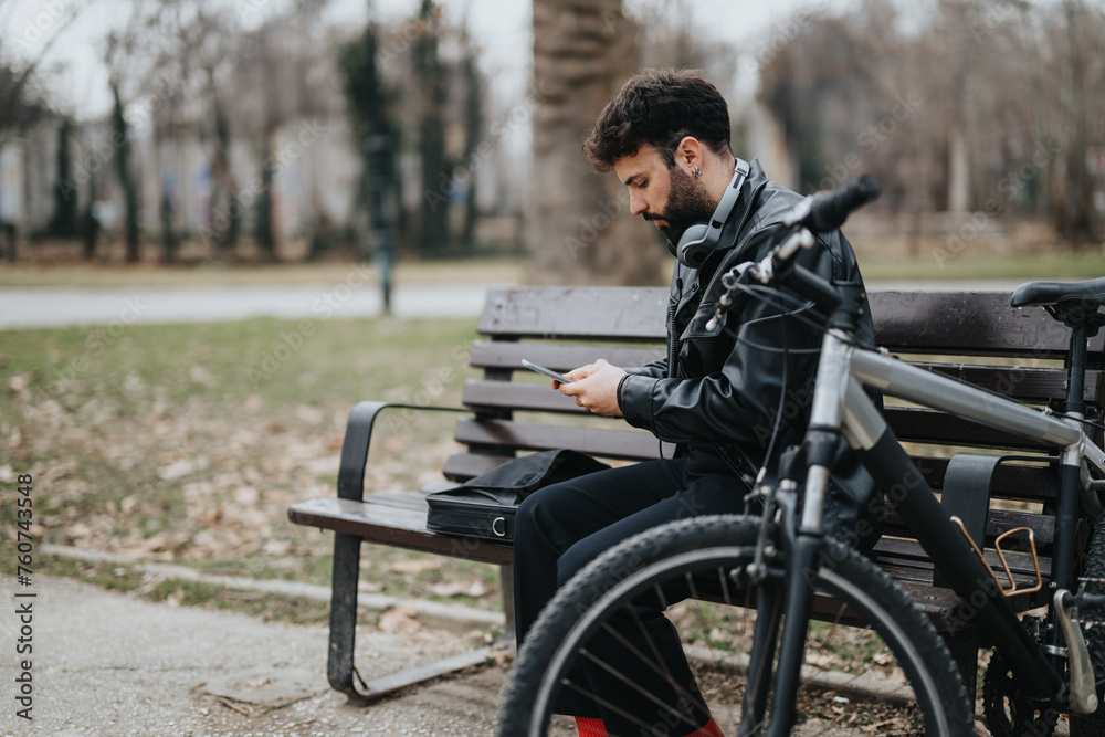 Handsome, stylish businessman enjoys the tranquility of nature while working outdoors with his smart phone, sitting on a bench beside his bicycle. Handsome, stylish businessman enjoys the tranquility of nature while working outdoors with his smart phone, sitting on a bench beside his bicycle.