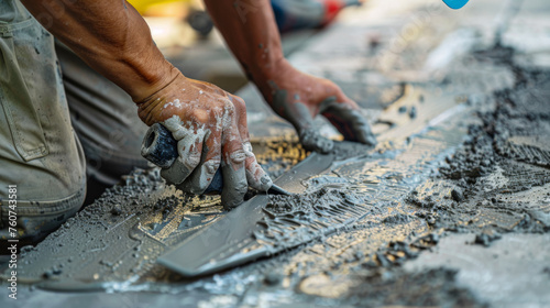 Hands with gloves are smoothing wet cement with a trowel.