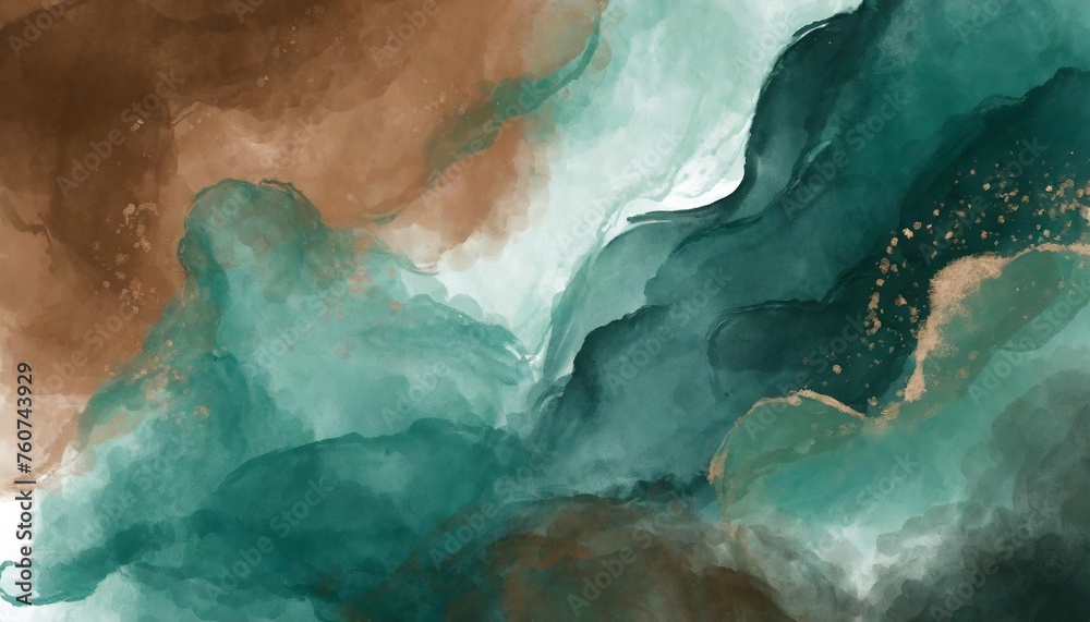abstract watercolor paint background by deep teal color brown and green with liquid fluid texture for backdrop