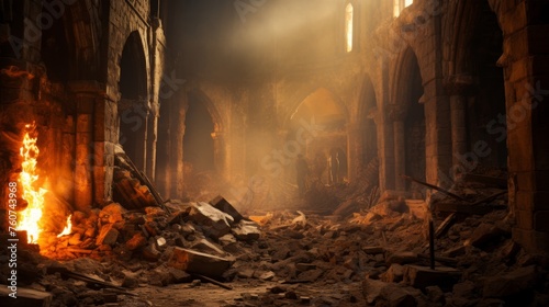 Background of the interior of a castle in ruins of fire photo