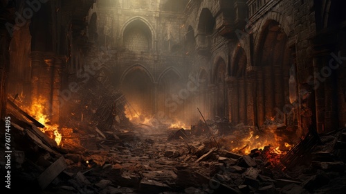 Background of the interior of a castle in ruins of fire