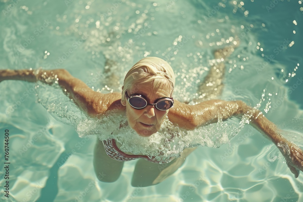 Enduring Aged woman swimming pool laps. Swimmer exercise pool motion vitality. Generate Ai