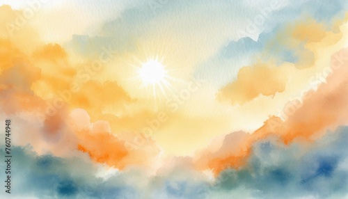 a background featuring abstract clouds in the sky with either a sun or sunset landscape created using a watercolor technique to achieve a soft light background