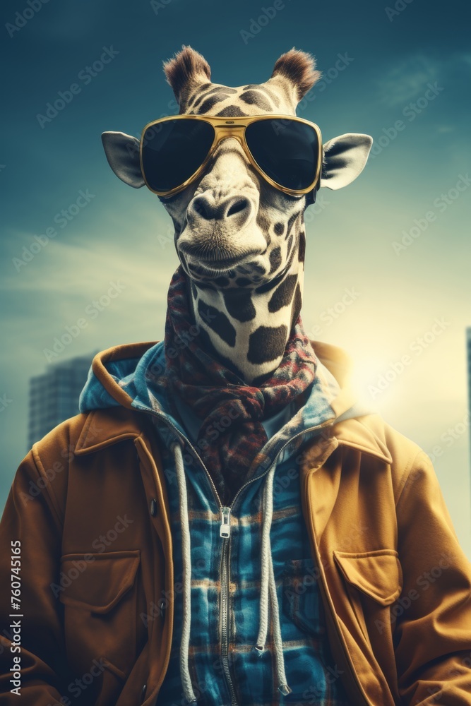 A giraffe in stylish hip-hop attire against a simple urban backdrop AI generated illustration