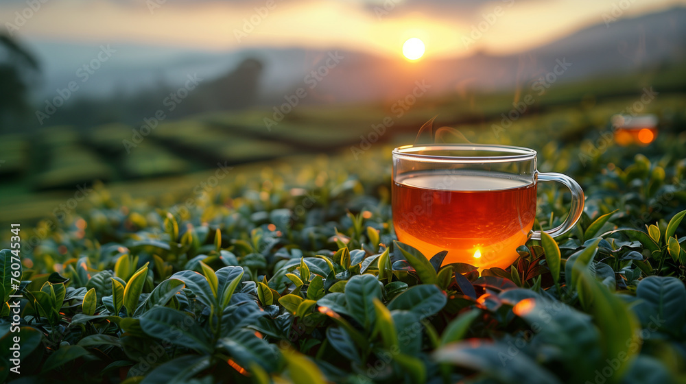 Sprawling green tea garden and slim waisted tea glass among the tea fields. black tea in glass cup, black tea, hot glass cup - obrazy, fototapety, plakaty 