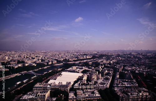 Aerial view of Paris and the seine river from Eiffel Tower during 1990s