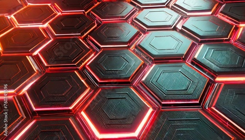 technological hexagonal background with red neon illumination