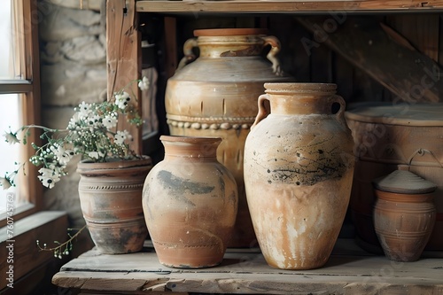Rustic Handmade Pottery Collection: A charming display of rustic handmade pottery, showcasing craftsmanship and authenticity.   © Tachfine Art
