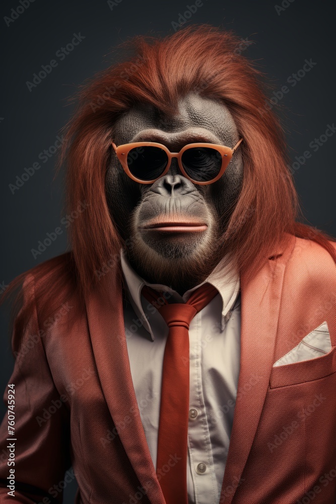 An orangutan dressed up like a pop star against a light grey canvas AI generated illustration An orangutan dressed up like a pop star against a light grey canvas AI generated illustration