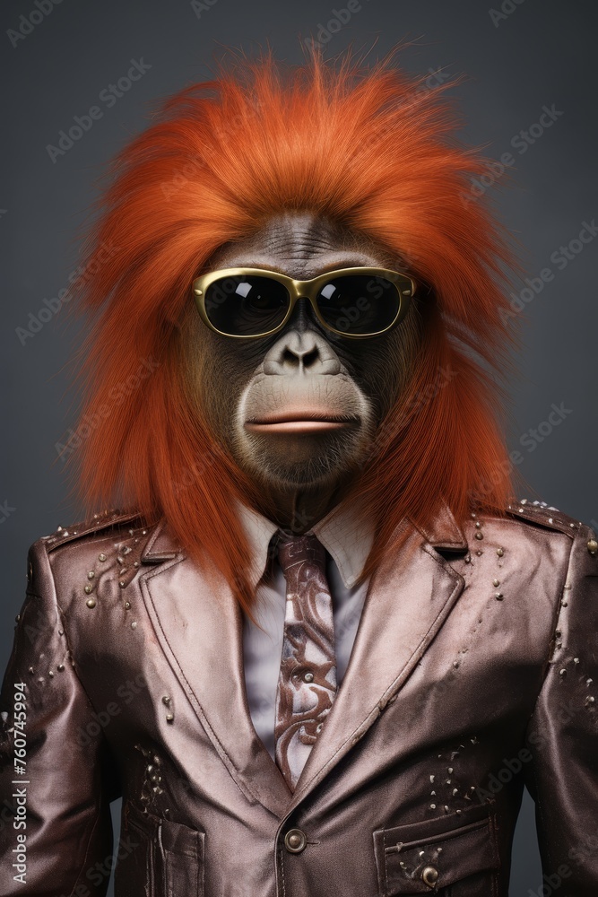 An orangutan dressed up like a pop star against a light grey canvas  AI generated illustration