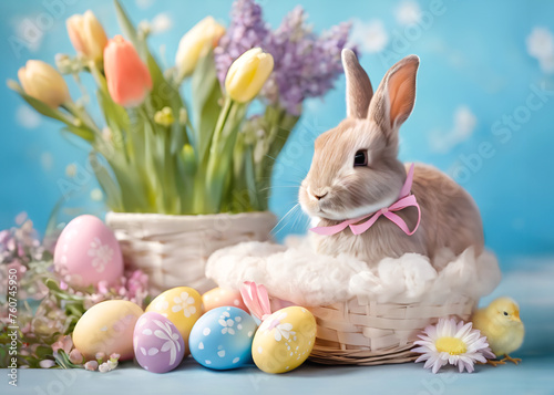 Niedliches Kaninchen Ostereier und Blumen in einem Korb mit blauen Hintergrund  S    er Osterhase f  r Postkarten f  r Kinder  Osterkarte
