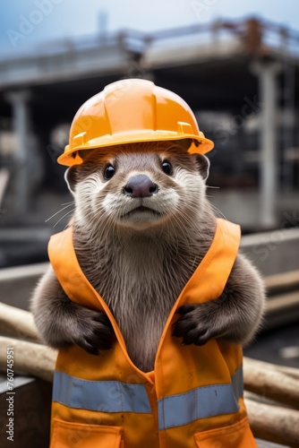 An otter dressed as a construction worker against a simplistic building site backdrop AI generated illustration