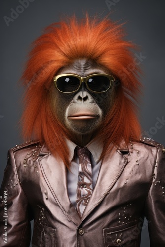 An orangutan dressed up like a pop star against a light grey canvas AI generated illustration